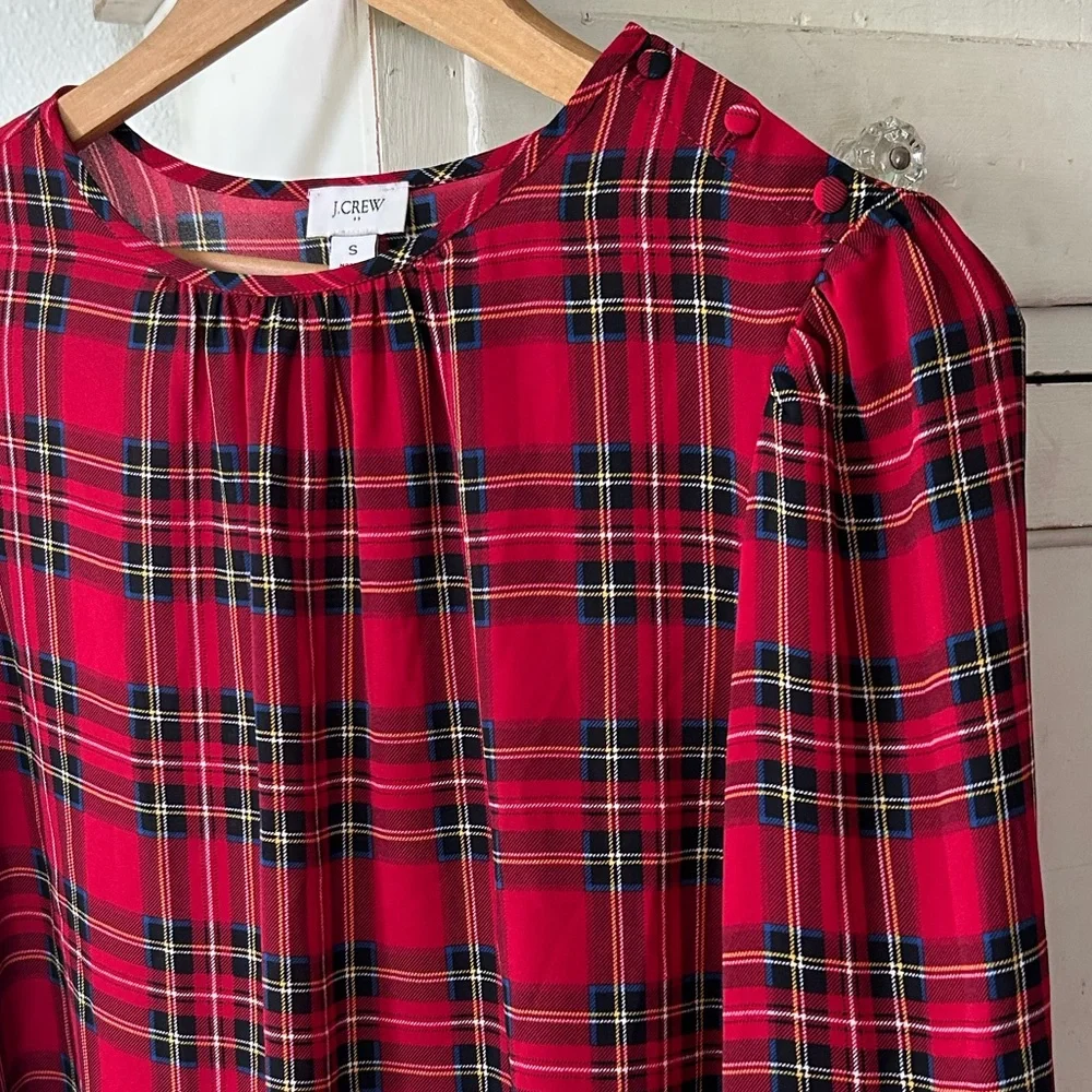 J. Crew | Women’s Red/Multi Tartan Plaid Crewneck Ruffle Sleeve Hems Top, Size S